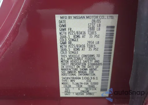 2006 Nissan Quest 3.5 Sl из США, поврежденный, VIN 5N1BV28U66N106361